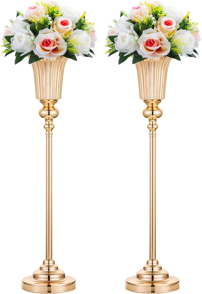 NUPTIO Metal Versatile Trumpet Vase, 26.7'' H x 6.2'' W x 5.7'' D, Gold, Set of 2, Ideal for Wedding, Events, and Home Decor
