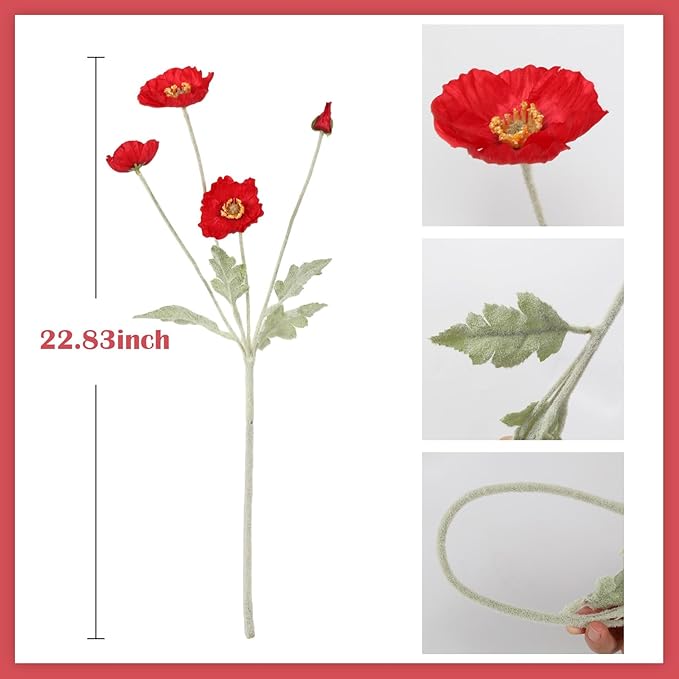 Red Poppy Flowers Artificial 8PCS Silk Poppies 22.8" Faux Poppy Flowers for Wedding Party Table Centerpiece Home Decor(Red)
