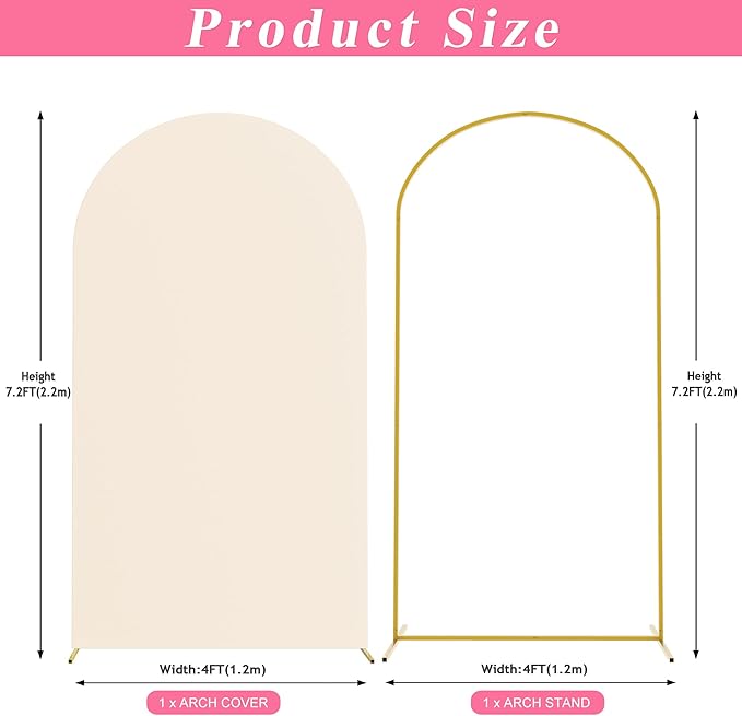 Putros 7.2ft Metal Arch Stand with Cover Beige Spandex Fitted Wedding Arch Cover and Round Top Chiara Backdrop Stand Set for Birthday Party Baby Shower Decoration