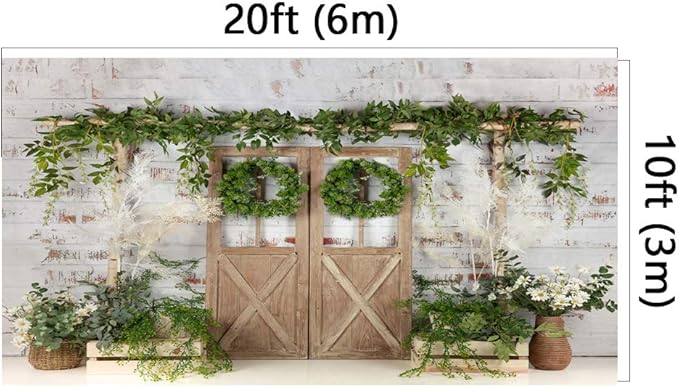Kate Rustic White Painted Brick Wall Wood Door Photography Backdrops 20x10ft Spring Green Grass and Flowers Photo Backgrounds Baby Shower Backdrop Photoshoot Props