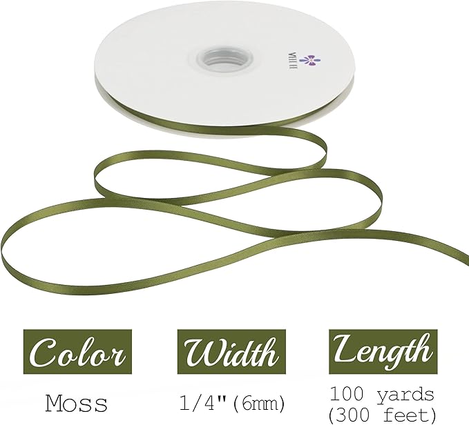 MEEDEE Moss Green 1/4 Inc Ribbon Spring Moss Satin Double Face Satin Ribbons Green Wedding Ribbons for Gift Wrapping Hair Ribbon for Card Making Green Favor Decor Crafts, 100 Yards