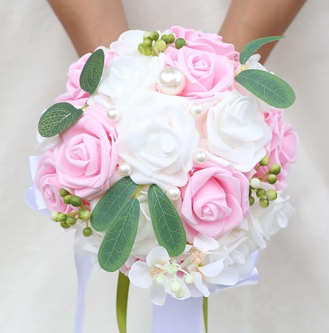 Lightweight Bridal Wedding Bouquet Round Holding Bouquet Throw Toss Artificial Rose Flower Bunch for Bride Bridesmaid Wedding Quinceanera (White & Pink, 7.9")