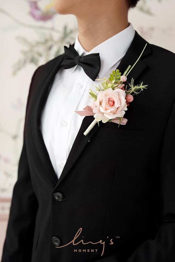 Ling's moment Boutonniere for Men, 6pcs Groom Groomsmen Boutonniere, Artificial Flowers for Wedding Decor/Prom/Homecoming, etc.Blush Garden Pink