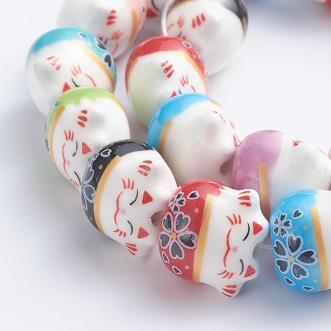 Beadthoven 25pcs Lucky Cat Handmade Porcelain Beads Colorful Floral Printed Ceramic Beads Cute Animal Porcelain Loose Spacers Mixed Colors for Bracelets Necklace DIY Jewelry Making 14x11.5mm Hole: 2mm