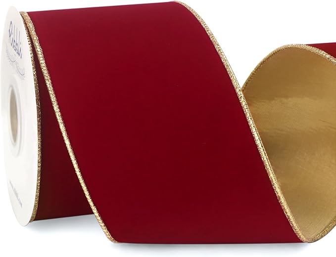 Ribbli Dark Red Velvet Wired Ribbon 4 Inch Luxury Matte Velvet Christmas Ribbon for Gift Wrapping Christmas Tree Decoration Crafts Wreaths Supplies - 10 Yards
