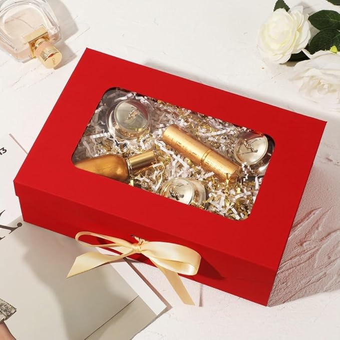 5 Pcs Red Gift Box for Presents with Ribbon 10.8x7.5x3.5 Inches Clear Gift Box with Window Magnetic Closure Gift Boxes with Lids