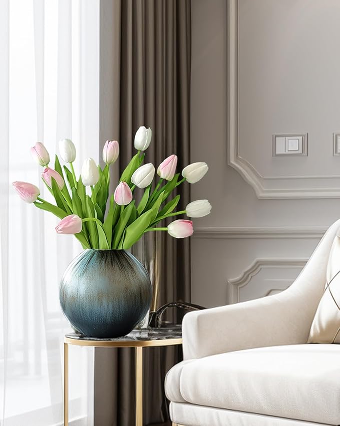 12pcs Tulips Artificial Flowers Real Touch Silk Faux Flowers Tulip Stems for Wedding Spring Bouquet Floral Arrangement Home Party Office Decorations (White & Pink)