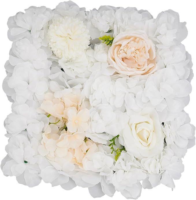 12Pcs Artificial Flower Wall Panel 3D Floral Backdrop Walls15 X 15" Flower Wall Decor Panel Flower Backdrop for Party Home Background Decor, White & Champagne