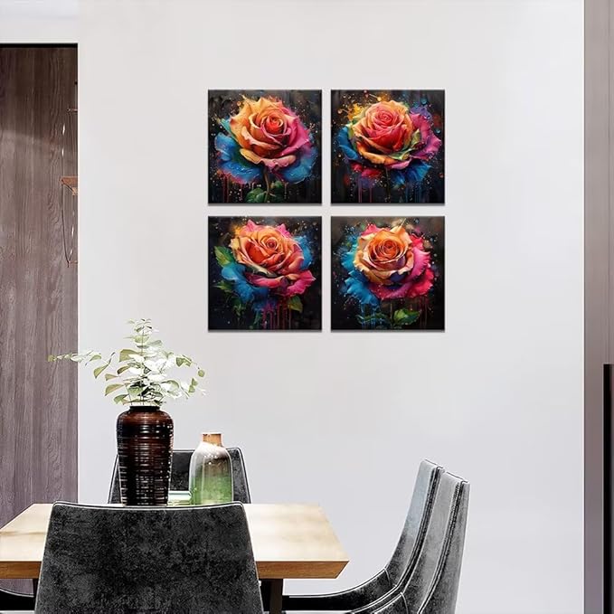 Pankila Colorful Rose Wall Art Floral Pictures Canvas Prints Abstract Rose Flower Wall Decor for Living Room Bedroom Bathroom Home Decorations Framed Artwork Ready to Hang (16''W x 16''H x 4)