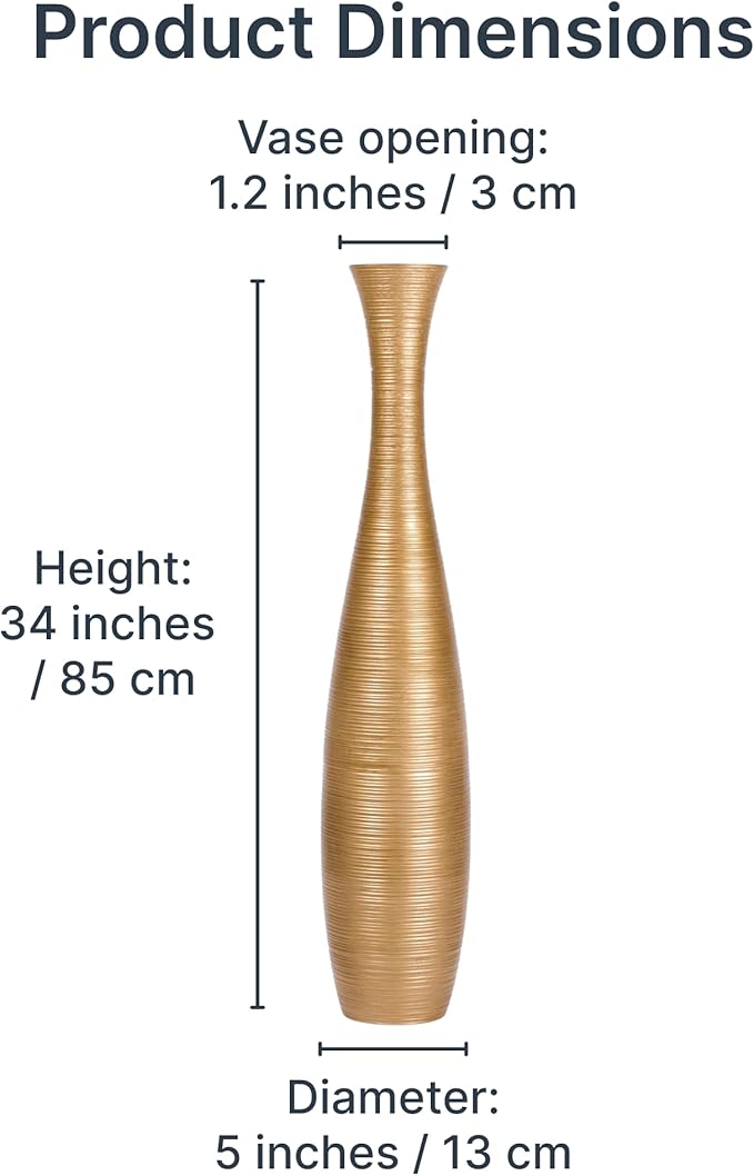 Leewadee Large Gold Home Decor Floor Vase - Wooden 34 inch Tall Farmhouse Decor Flower Holder for Fake Plant and Pampas Grass