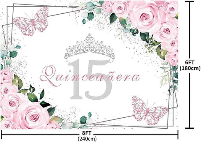 SENDY 8x6ft Quinceañera Backdrop Mis Quince 15 Anos Birthday Party Decorations Supplies for Girl Princess Pink Floral Butterfly Silver Crown Photography Background Banner Photo Booth Studio Props