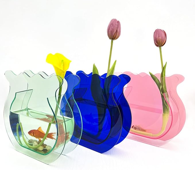 Mini Acrylic Fish Bowl Flower Vase for Small Fish or Plant, Clear Dual-Use Decorative Vase for Desk or Shelf, Compact Modern Bud Design Tabletop Décor (Transparent, Mini)