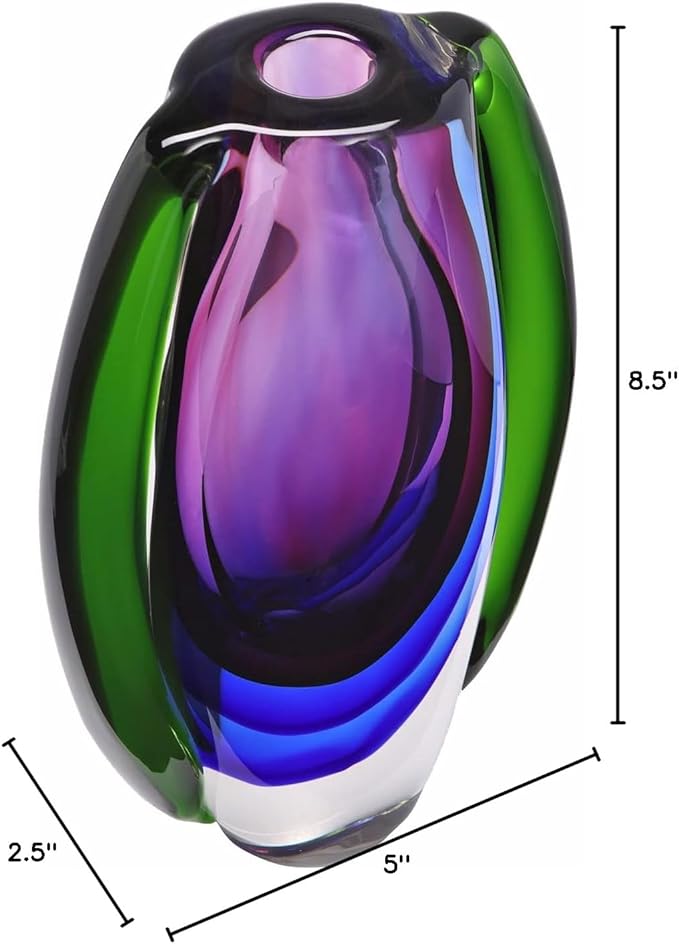 Luxury Lane Hand Blown Sommerso Oval Art Glass Vase for Decor Centerpiece Table Decoration Purple 8.5 inch Tall