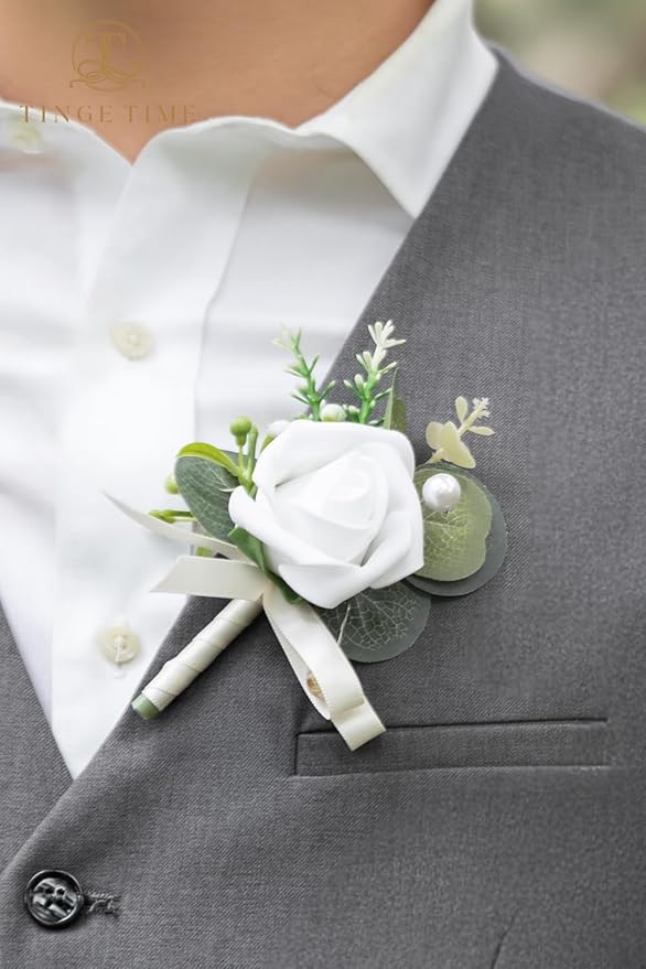 TINGE TIME Boutonniere for Men Wedding,Groom and Best Man Boutonniere for Weddings Ceremony Anniversary, Formal Dinner Party and Rustic Spring Wedding Marriage (10, IvoryWhiteRose)