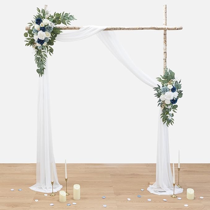 PONATIA Wedding Arch Flowers Kit (Pack of 3) with 26Ft White Arch Draping Fabric, Dusty Blue Flowers for Ceremony and Reception Wedding Decoration