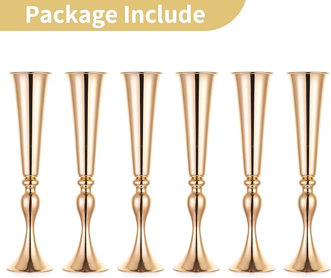 NUPTIO Gold Tall Centerpiece Table: 21.9" Trumpet Vases for Wedding Metal Flower Stand for Party Decorations Set of 6