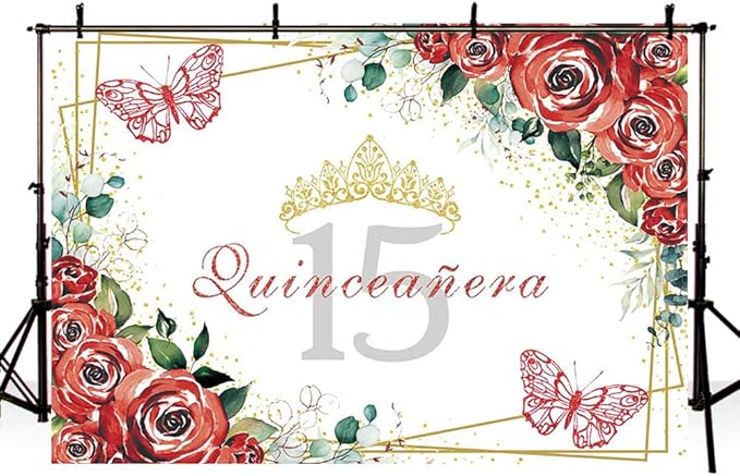 SENDY 10x7ft Quinceañera Backdrop Mis Quince 15 Anos Birthday Party Decoration Supplies for Girl Princess Red Floral Flowers Butterfly Gold Crown Photography Background Banner Photo Booth Studio Props