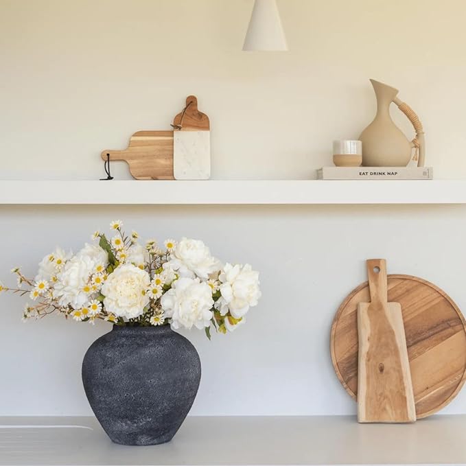 Large Black Round Vase for Flowers & Table Centerpieces - 11 Inch Rustic Textured Earthy Stone Look, Matte Big Decorative Arina Modern Farmhouse Wabi Sabi Decor for Living Room, Dining, Coffee Table