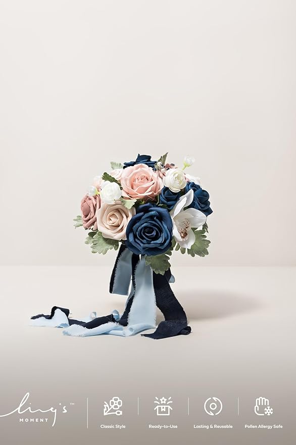 Ling's moment Artificial Flowers Dusty Rose Pink & Navy Blue Bridesmaid Bouquet Set of 4, Wedding Flowers Bouquets for Bridesmaids, 7 Inch Bridal Bouquets for Bridesmaids, Wedding, etc