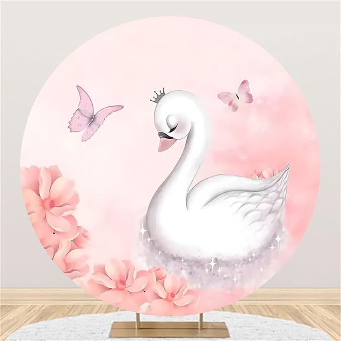 AOFOTO Swan Round Backdrop Pink Floral Butterfly Print Photography Background for Baby Shower Women Newborn Girls Birthday Party Banner Home Wall Decor Photo Studio Booth Props 4.1x4.1ft