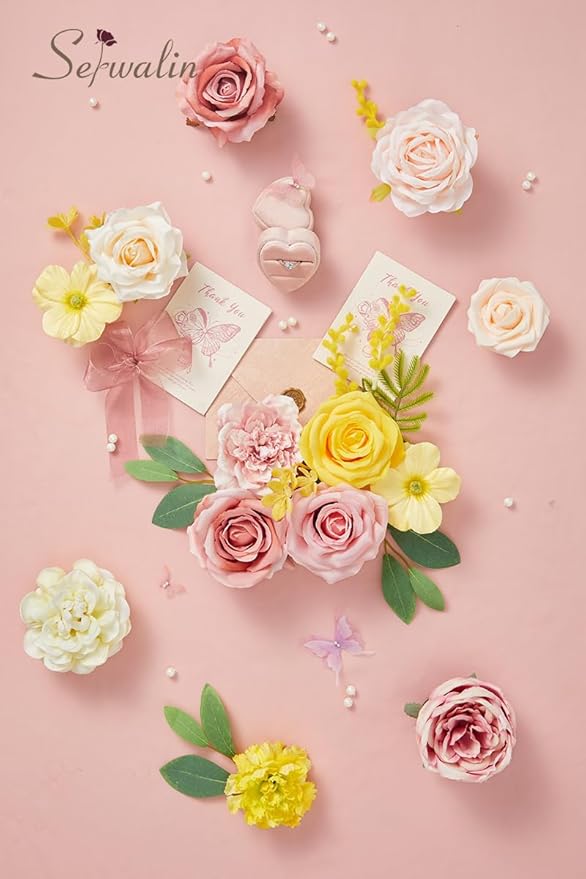 Serwalin Artificial Flowers,Pink Yellow Silk Fake Flowers Box for DIY Wedding Bridal Bouquet, Wedding Cake Flowers for Table Centerpieces Birthday Party Bridal Shower Home Decorations