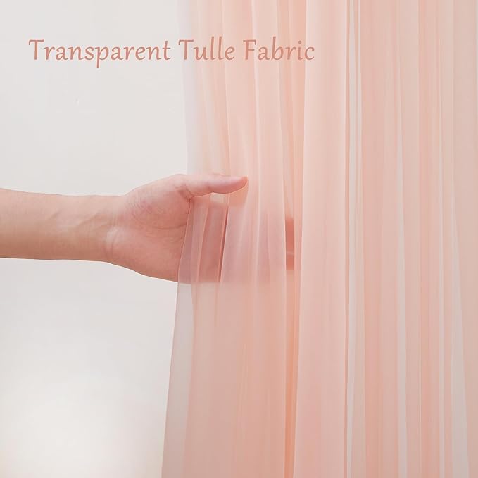 10x8ft Peach Tulle Backdrop Curtain with Lights String for Parites, Sheer Backdrop Curtains for Wedding Baby Shower Birthday Party Photo Shoot Decorations
