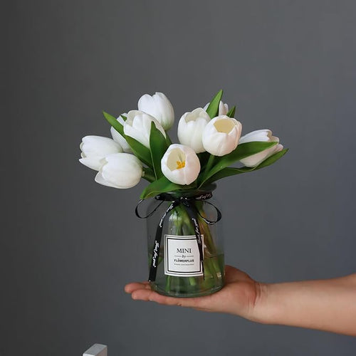 10pcs Fake Faux Tulips in Vase,Silk White Tulipanes Tulips Artificial Flowers Real Touch Arrangements with Vase for Desk Table Decoration Home Decor