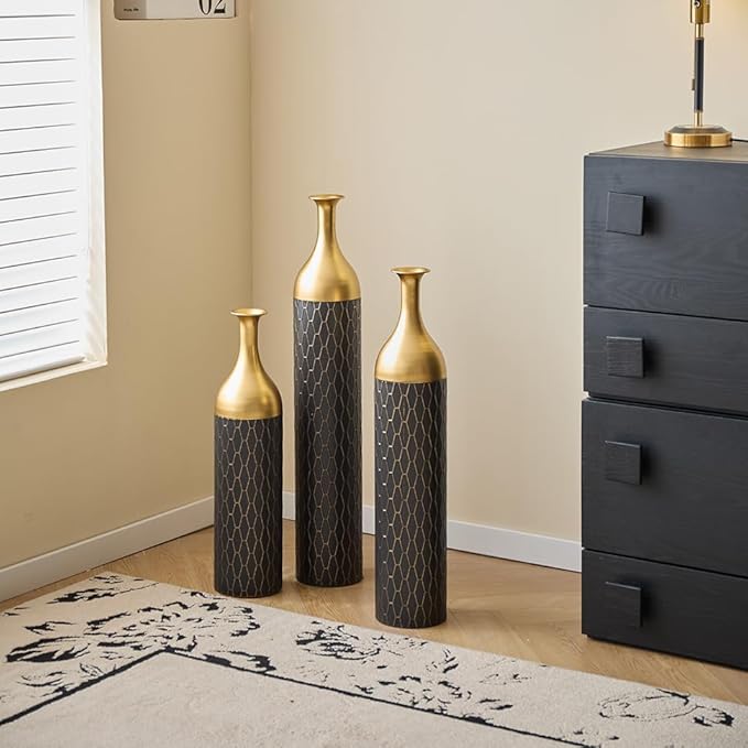 Floor Oversized Gold Metal Decorative Vase with 3D Triangle Pattern Set of 3 Large Vases for Home Living Room 33.5 ", 29.5 ", 25.2" High (Matte Black)