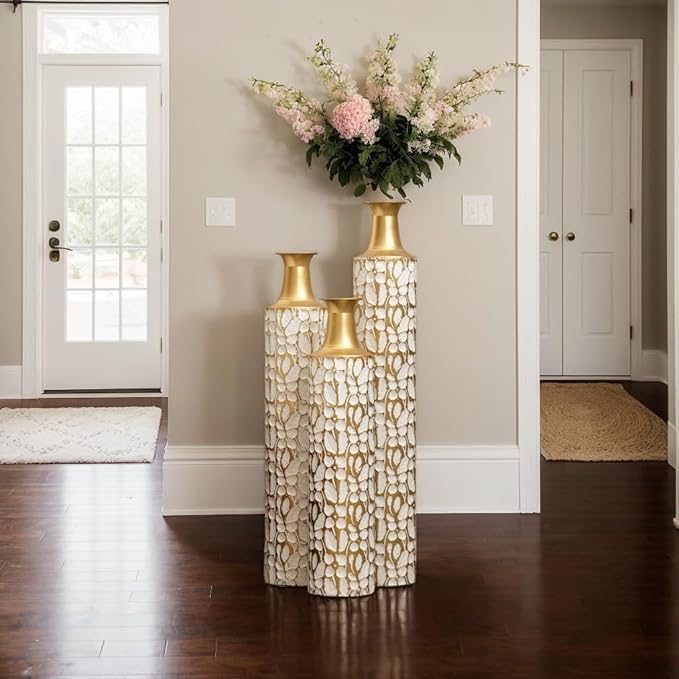 Floor Oversized Gold Metal Decorative Vase with 3D Triangle Pattern Set of 3 Large Vases for Home Living Room 33.5 ", 29.5 ", 25.2" High (Antique White)