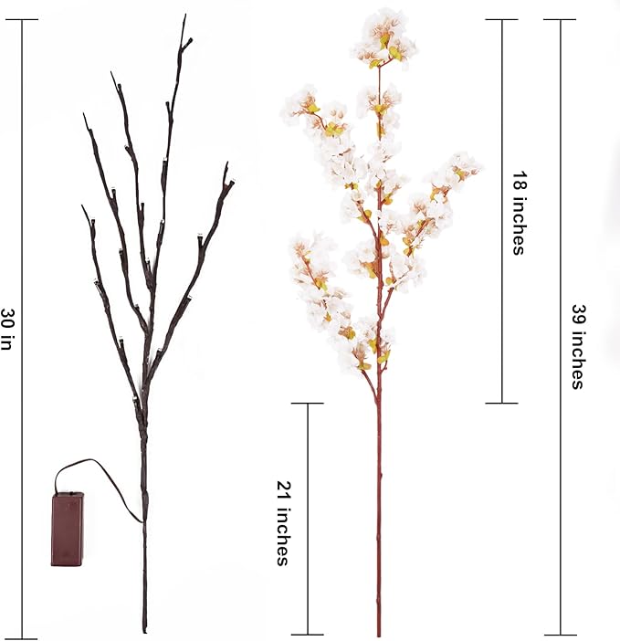Sunm Boutique 3 PCS Silk Cherry Blossom Branches, Lighted Brown Twig Branches, Artificial White Cherry Blossom Flower, Cherry Blossom Stems Decor Faux Cherry Blossom Tree for Wedding Home Decor, 39'