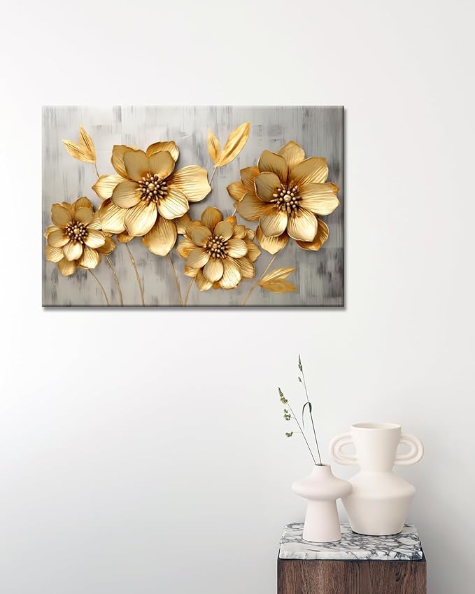 GLOKAKA Gold Metallic Flowers Print Wall Art Elegant Floral Flower Canvas on Grey Background Painting Picture Artwork for Living Room Bedroom Bathroom Decor (Gold Metallic Flowers, 30"x20")