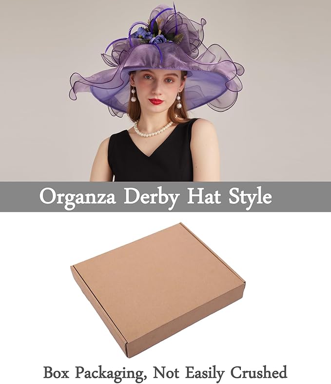 Organza Derby Hats for Women Wide Brim Fascinator Hat Rose Flower Wedding Tea Party Hat