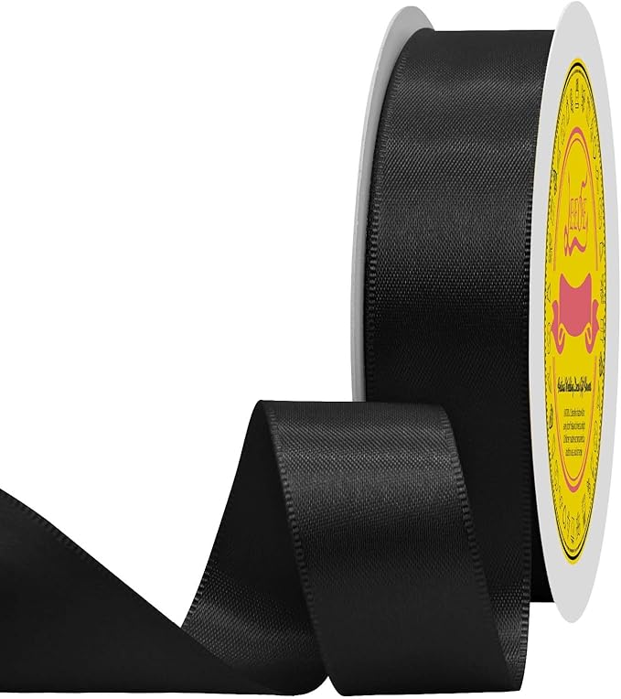 Black Double Face Satin Ribbon 1 inch X 50 Yards Spool Bright Colors Very Suitable for Weddings Gift Package Wrapping Dancer Wand Sewing Party Hair Bow Invitation Decorations and More