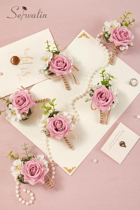 Serwalin 6PCS Pink Rose Boutonniere for Men Wedding Groom Groomsmen Best Man Boutonniere for Wedding Ceremony Anniversary Prom Flowers Formal Dinner Party