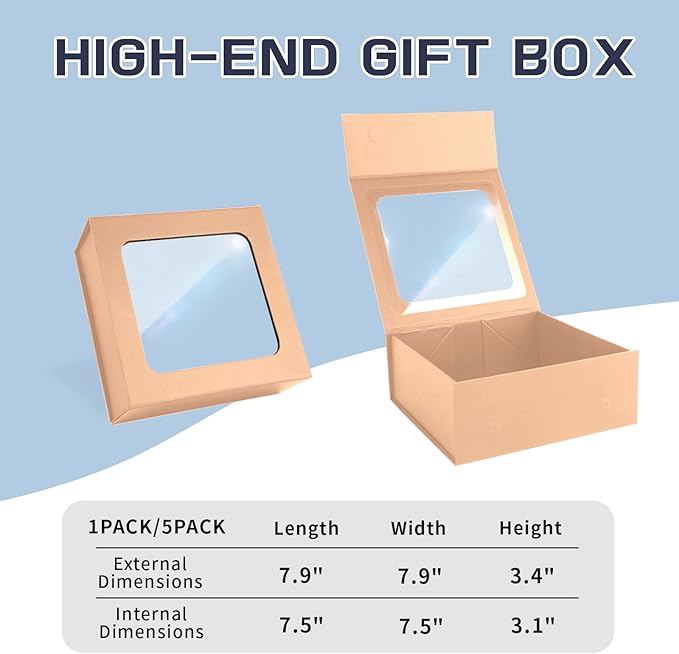 Rose Gold Gift Boxes with Window,7.5"x7.5"x3.1" Bridesmaid Boxe for Gift Giving,Birthday Gift Box with Magnetic,Closure Lid Gift Boxes for Presents,Cute Boxe,Luxury for Gift Packaging,Gift Box for Wrapping Gifts