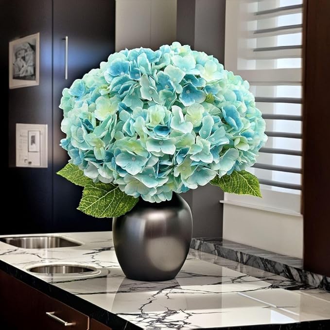 2Bouquets Artificial Fake Flowers Plants Silk Hydrangea Arrangements Wedding Bouquets Decorations Plastic Floral Home Kitchen Garden Party Festival Bar DIY (Light Blue,5 Flower Heads)