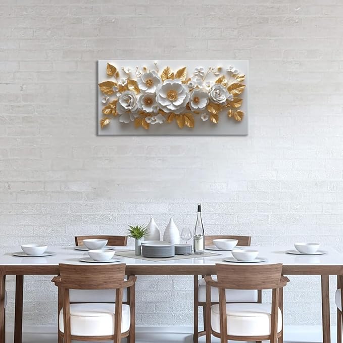 IDAFU Flower Wall Art White Foral and Golden Leaves Wall-décor White Wall Art Floral Painting Pictures for Living Room Bathroom Bedroom Kitchen Office Cuadros Decorativos Para Sala Decor 46L x 23W