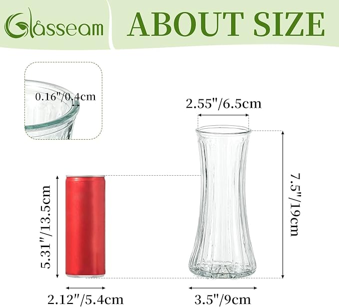 Glasseam Glass Vase for Home Decor: Clear Flower Vases for Living Room Kitchen Bathroom Wedding Table Centerpieces - 7.5" Tall Modern Vintage Decorations for Bouquet Pampas Grass Lego Flowers