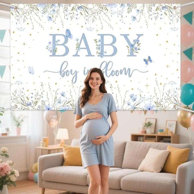 Baby Boy in Bloom Backdrop for Boys Wildflower Baby in Bloom Baby Shower Decorations Banner Blue Floral Photography Background Cake Table Decor Supplies Photo Booth Prop 70.8 x 43.3 inch