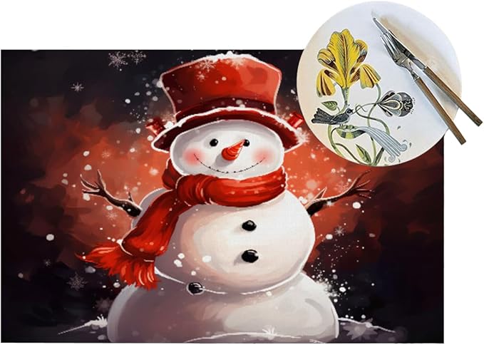 PVC Placemats Set of 4 Wipeable Table Mats Washable Heat Resistant Non Slip Vinyl Dining Table Mat for Kitchen Indoor Outdoor Patio Farmhouse Place Mats Christmas Snowman Red Decorative
