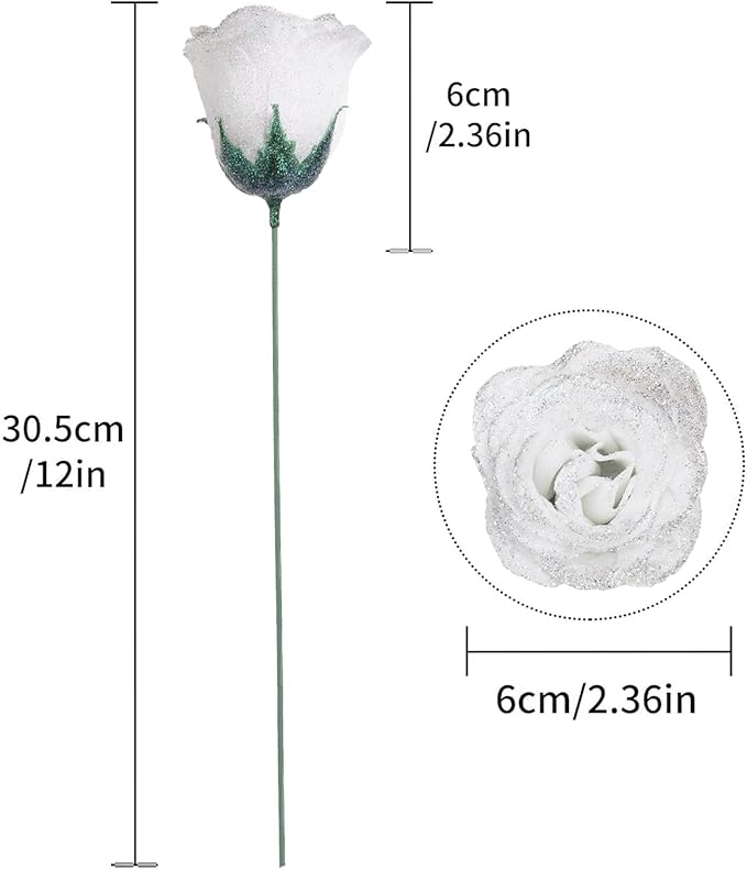 Fake Roses,30PCS White Glitter Flowers Bouquet Artificial Roses with Stems for Wedding Party Christmas Home Decor(White with Silver Glitter)