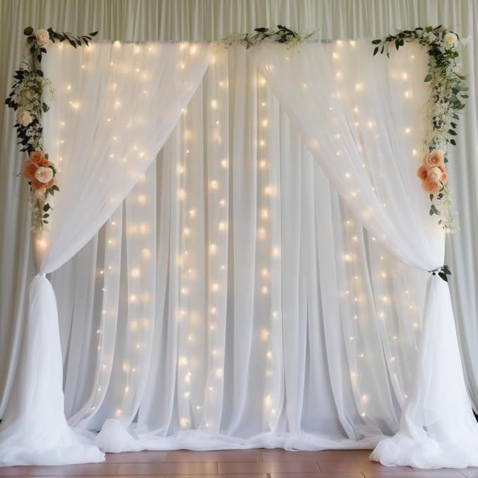 PARTISKY 10x8ft White Tulle Backdrop Curtain with Lights String for Parites, Sheer Backdrop Curtains for Wedding Baby Shower Birthday Party Photo Shoot Decorations