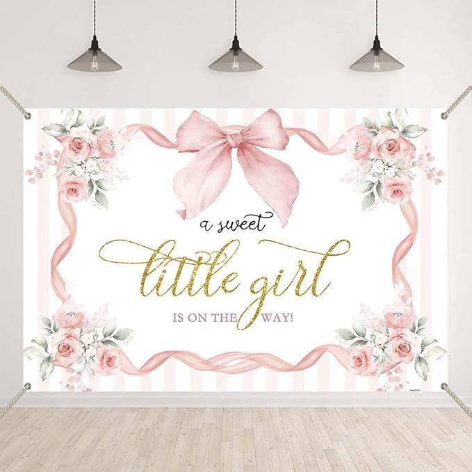 Pink Floral Baby Shower Backdrop Bow Flowers A Sweet Little Girl is on The Way Photography Background Princess Bowknot Girl Gender Reveal Party It’s a Banner with Copper Grommets