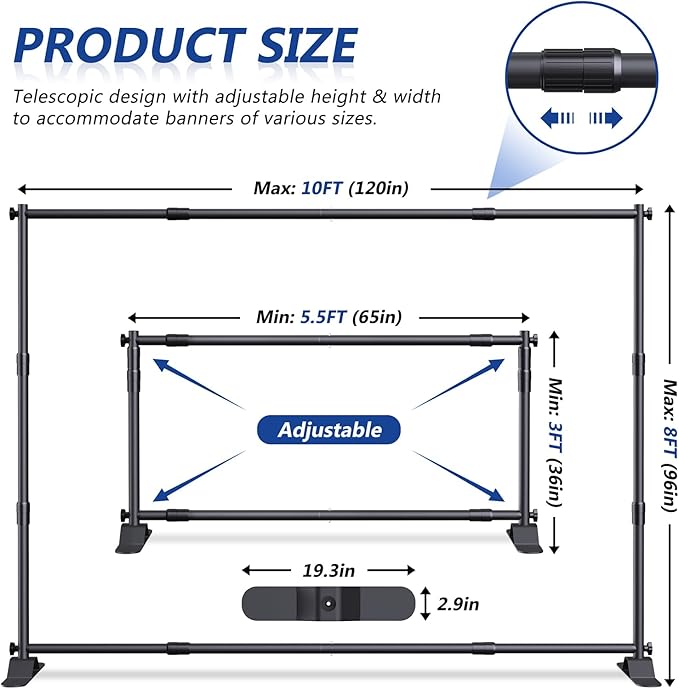 Backdrop Banner Stand 10x8ft，Adjustable Heavy Duty Photo Backdrop Stand，Step and Repeat Background Stands for Party，Photography，Wedding