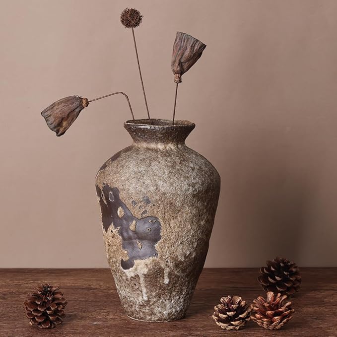 Wabi Sabi Decor Rusty Vintage Vase - 8.7" Tall Rustic Farmhouse Wabi Sabi Vase for Centerpiece, Textured Pottery Flower Vases for Home Decorative, Table, Living Room, Bedroom, Bathroom, Kitchen