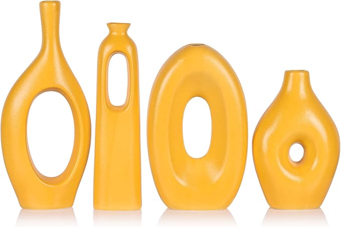 Yellow Vases Home Decor - 4-Piece Round Hollow Boho Yellow Ceramic Vase for Pampas Grass Decor, Modern Small Flower Vases for Living Room, Dining Table, Office, Wedding, Fireplace Decor