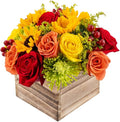 Warm Glow in Wooden Vase | Yellow, Orange and Red Fresh Flower Foam Arrangement | Arabella Bouquets | Flowers for Delivery, THanksgiving, Birthday, Congratulations