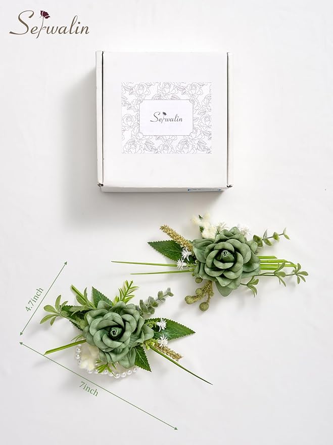 Serwalin Green Corsage and Boutonniere Set 2pcs, 6-7inch Boutonniere and Wrist Corsage Wristband Prom Flower Wedding Flowers Accessories Prom Suit Decorations