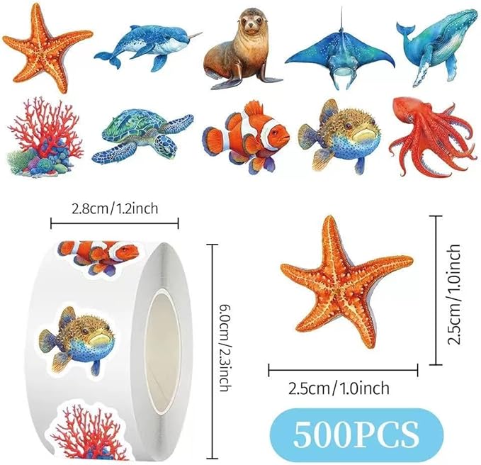 1000 Pcs Ocean Animal Stickers Bulk 2 Roll 1 Inch,Under The Sea Stickers for Kids Classroom Boys Girls.Turtle Whale Shark Starfish Fish Sticker Pack Gift for Party Favors Book Water Bottles Laptop