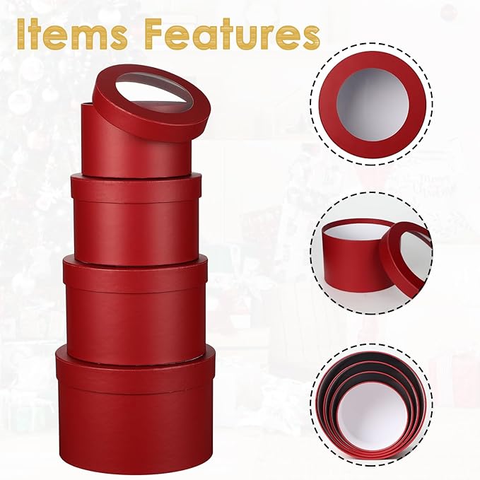 Flower Boxes for Arrangements Nesting Round Gift Boxes with Clear Lids Red Round Boxes for Flowers Set of 4 Assorted Sizes Flower Boxes for Flower Arrangements, Valentine's Day, Mother's Day,